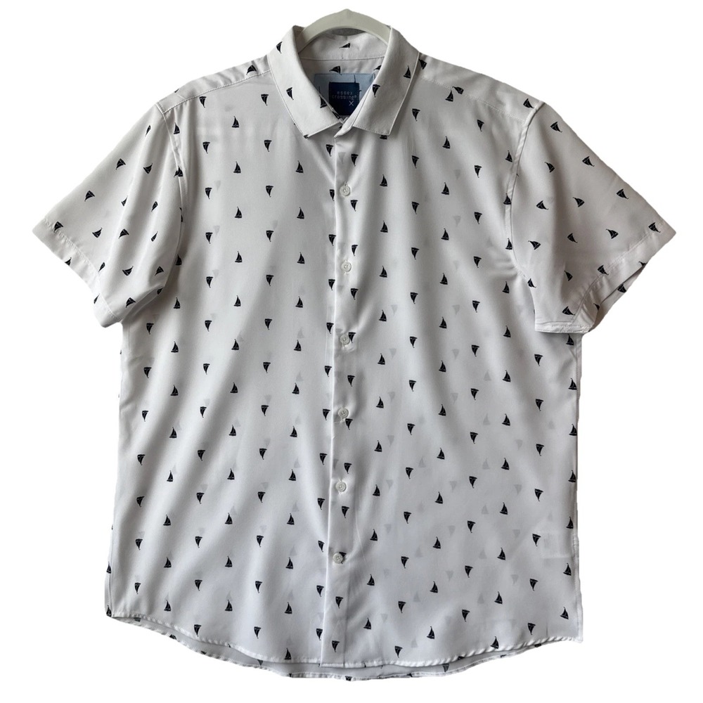 Essex Crossing Nautical Sailboat‎ Short Sleeve Button Up Stretch Shirt L Coastal